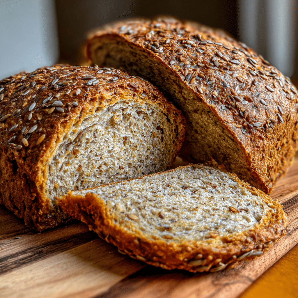 Freshly baked flax bread loaf on a cooling rack, sliced to show dense, golden texture—keto-friendly, gluten-free, and made with flaxseed meal.