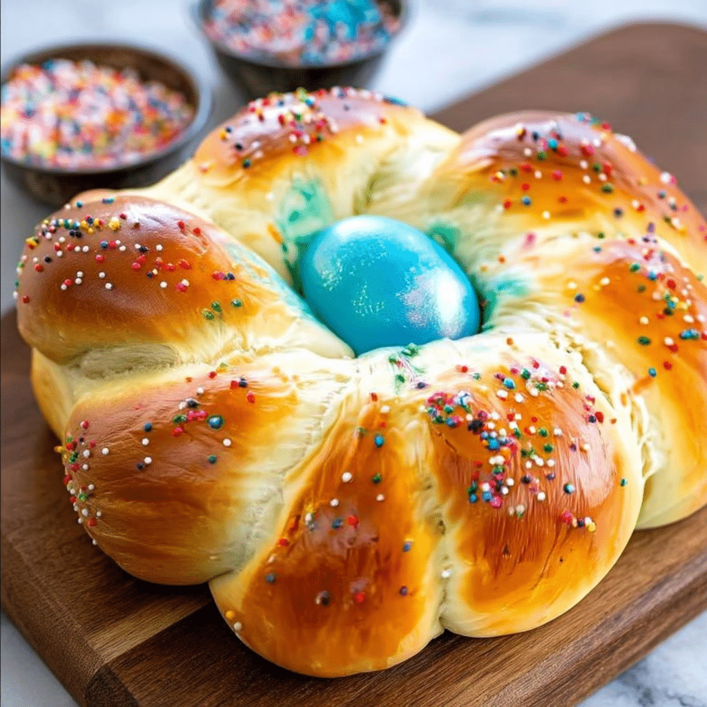 Step-by-step photos showing how to make Italian Easter Bread from mixing to braiding the dough and baking