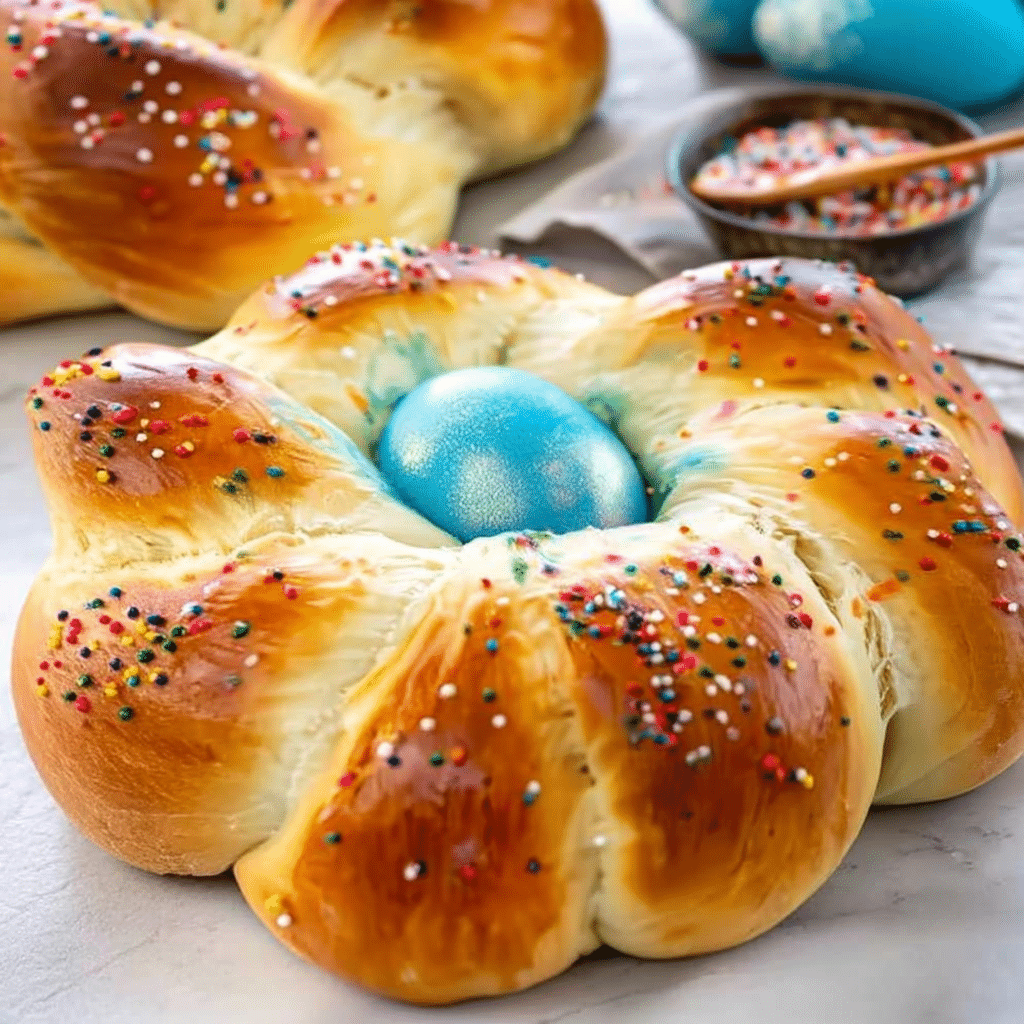 Braided Italian Easter Bread decorated with colorful eggs and rainbow sprinkles on a rustic wooden table
