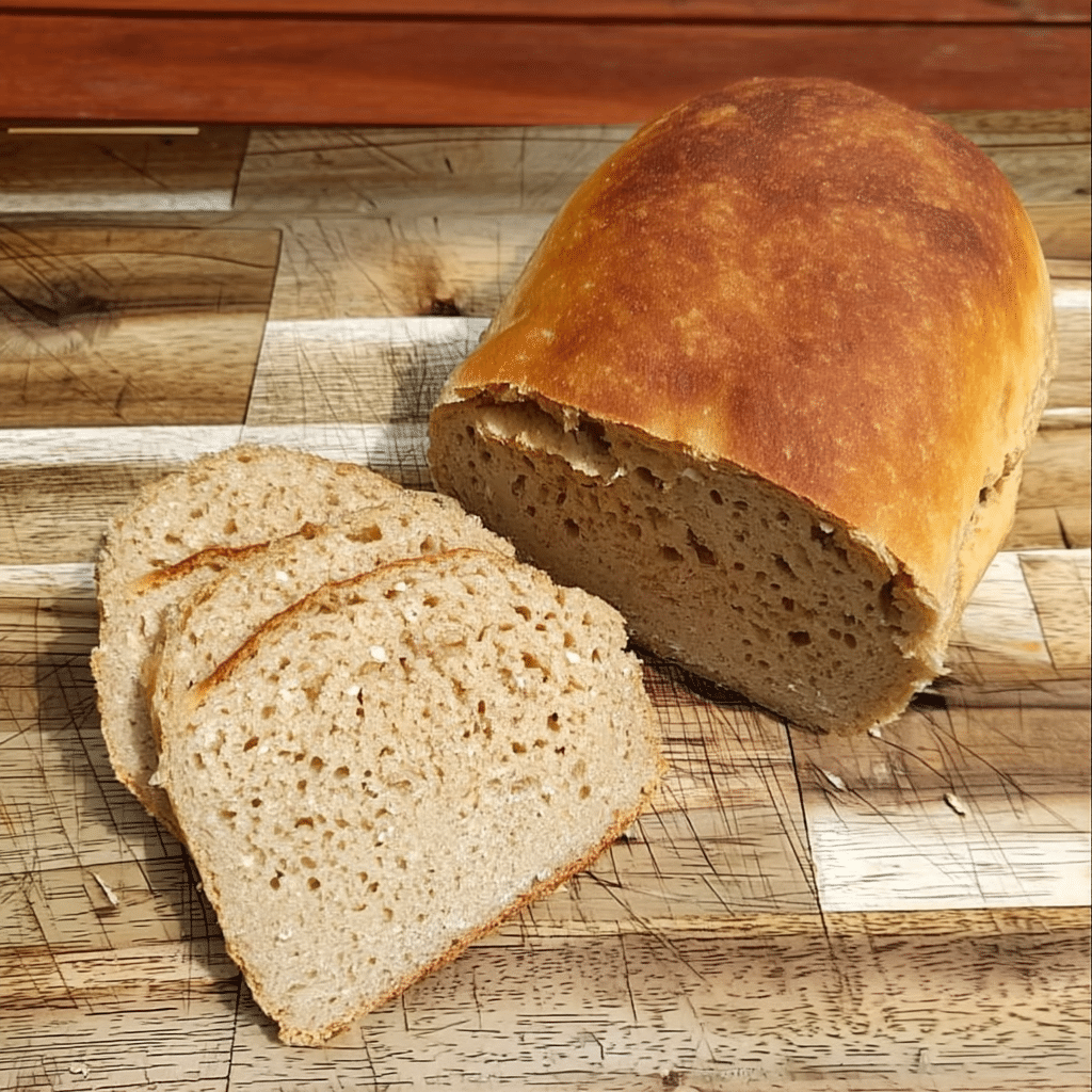 Sliced homemade kamut bread on a rustic wooden board