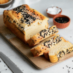 Freshly baked high protein keto bread loaf sliced on wooden board
