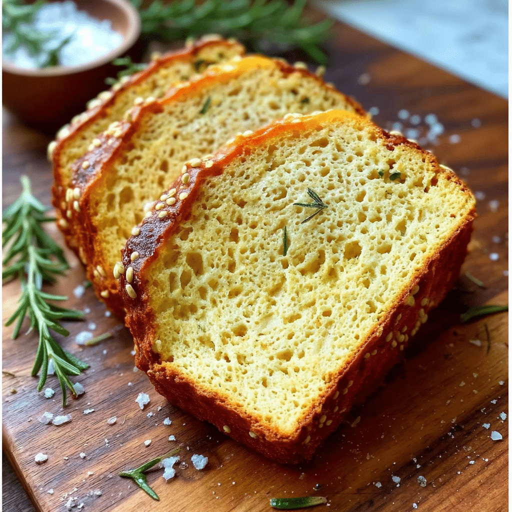 Keto bread mix loaf fresh out of the oven with rosemary and seeds
