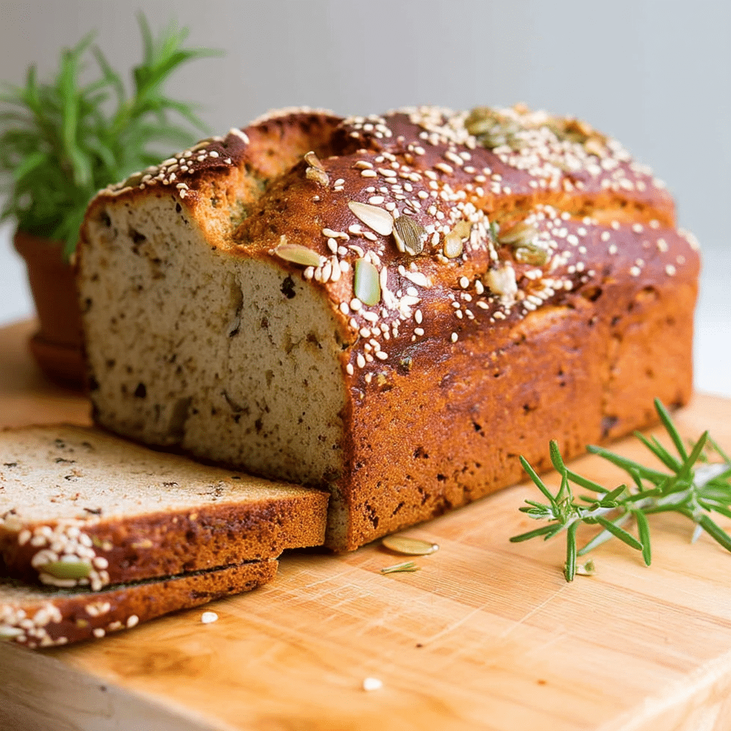 Low carb bread loaf made with almond flour and rosemary, sliced on a wooden board